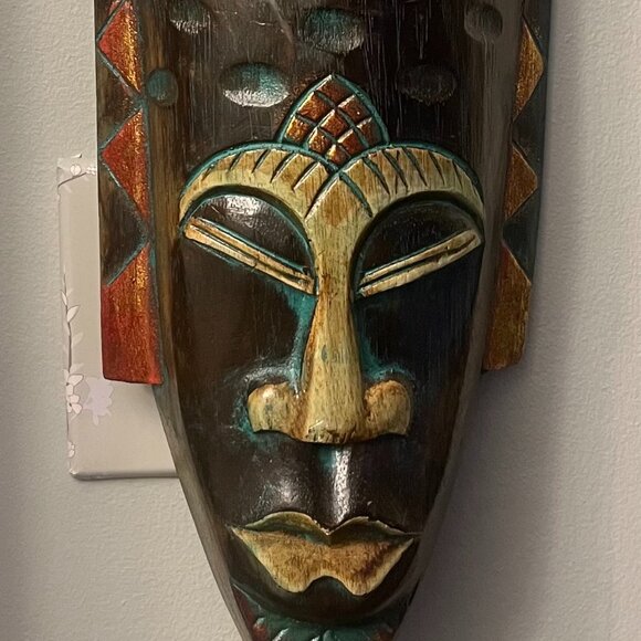 Vtg 1990s Hand Carved Wooden Indonesian Jenggot Wall Mask with Elephant Design - Picture 1 of 4